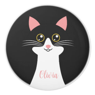 Pomo De Cerámica Retrato de gato negro de Cute Mid Century