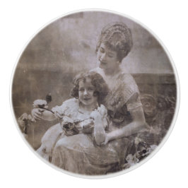 Pomo De Cerámica Retrato de madre e hijo de la vieja Sepia