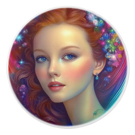 Pomo De Cerámica Retrato de pelo arcoiris encantado