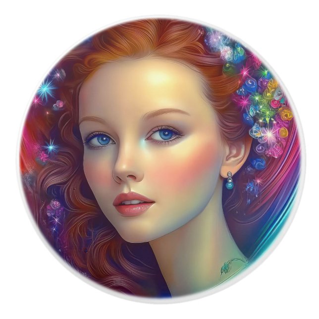 Pomo De Cerámica Retrato de pelo arcoiris encantado (Anverso)