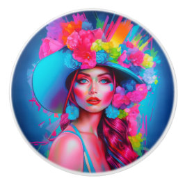 Pomo De Cerámica Retrato floral de Neon Fantasy