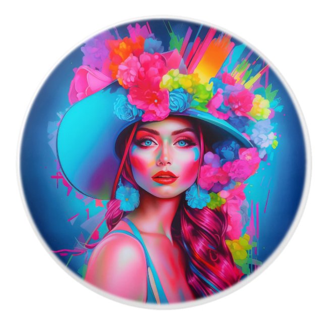 Pomo De Cerámica Retrato floral de Neon Fantasy (Anverso)