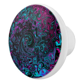 Pomo De Cerámica Retro Aqua Magenta y Black Abstract Swirl