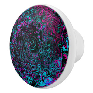 Pomo De Cerámica Retro Aqua Magenta y Black Abstract Swirl