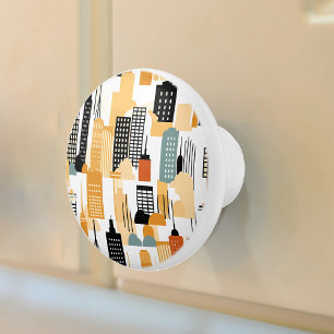 Pomo De Cerámica Retro Cityscape Black White Naranja