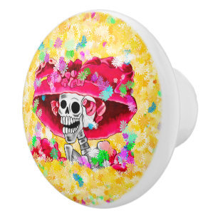 Pomo De Cerámica Ríe mujer esqueleto en Red Bonnet