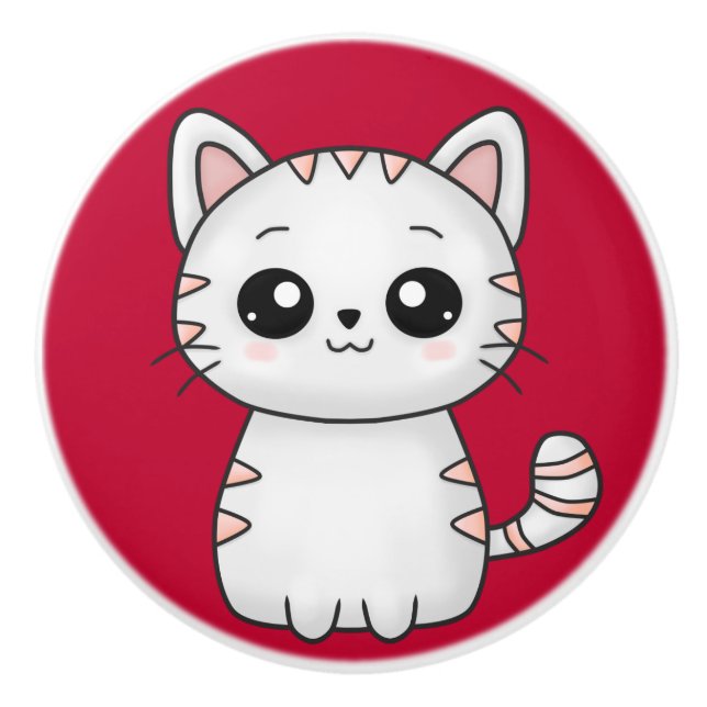 Pomo De Cerámica Rojo de gato blanco lindo (Anverso)