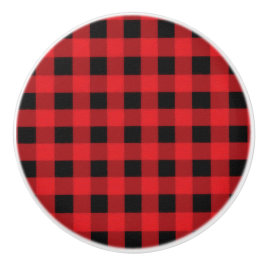 Pomo De Cerámica Rojo Negro Búfalo Cuadro de Plaid Campo Rústico