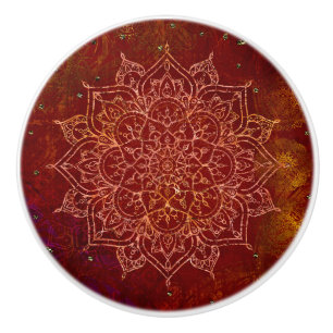 Pomo De Cerámica Rojo Óxido Mandala Oro Glam Moderno Chic