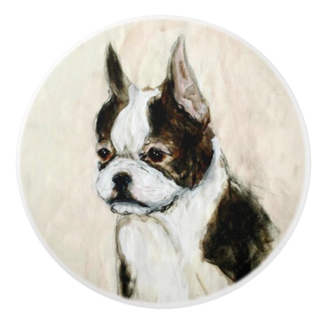 Pomo De Cerámica Ron Hevener Boston Terrier Doorknob (Anverso)