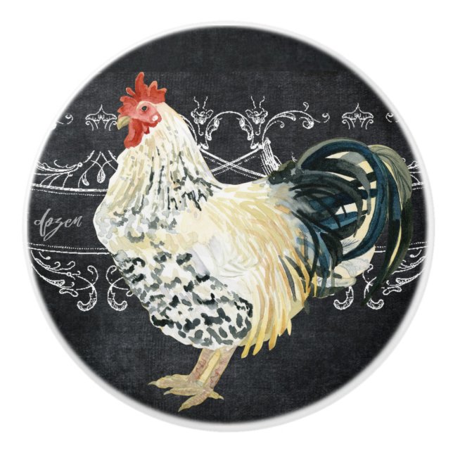 Pomo De Cerámica Rooster Farmhouse Kitchen Chalkboard Watercolor (Anverso)