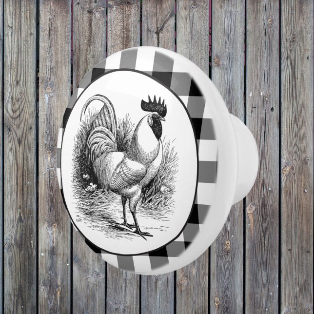 Pomo De Cerámica Ropa de control blanco negro de Country Rooster (Subido por el creador)