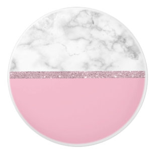 Pomo De Cerámica Rosa de mármol blanco del purpurina color de rosa