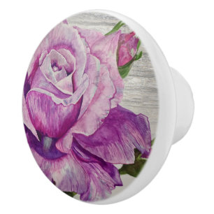 Pomo De Cerámica Rosa púrpura de acuarela de madera rústica