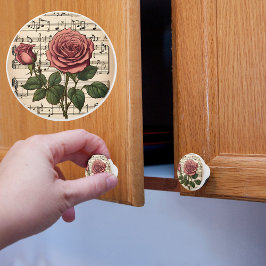 Pomo De Cerámica Rosa Victoriana Rosa Sobre Partitura