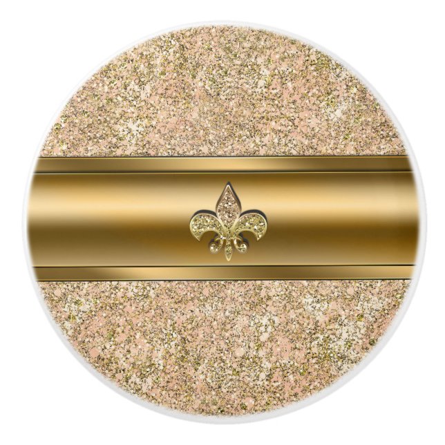 Pomo De Cerámica Rosa y dorado brillo brillante Fleur de lis Chic (Anverso)