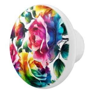 Pomo De Cerámica Rosas Arcoíris Vibrante Floral Colorido