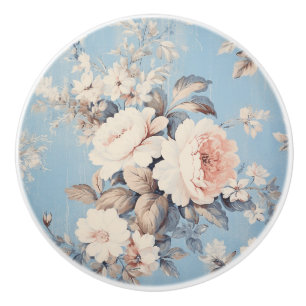 Pomo De Cerámica Rosas blancas en fondo azul ruso