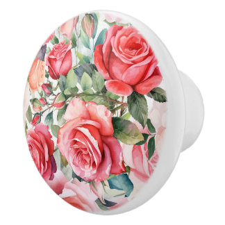 Pomo De Cerámica Rosas de acuarela rosa romántico