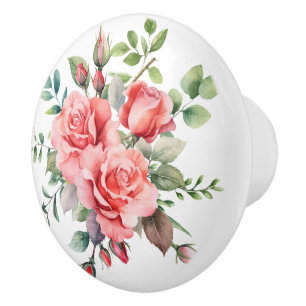 Pomo De Cerámica Rosas de acuarela rosa romántico
