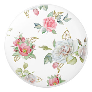 Pomo De Cerámica Rosas elegantes con hojas grabadas en oro