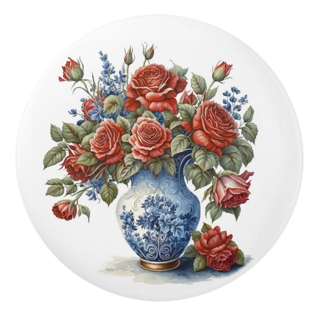 Pomo De Cerámica Rosas elegantes en Vase (Anverso)