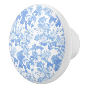 Pomo De Cerámica Rosas Florales Blancas Azules Patrón Chinoiserie F