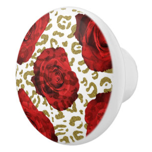 Pomo De Cerámica Rosas Rojas Oro Blanco Cheetah Leopardo Impresión 