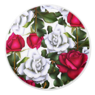 Pomo De Cerámica Rosas Rojas y Blancas Shabby Chic Rústico Glam Mod