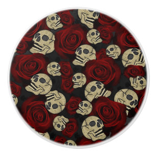 Pomo De Cerámica Rosas Rojas y Calaveras Gris Negro Floral Gótico