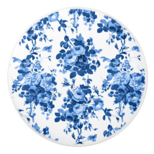 Pomo De Cerámica Rosas románticos de la época antigua - azul sobre