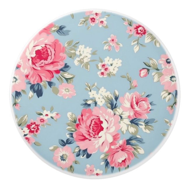 Pomo De Cerámica Rosas rosadas de algodón en fondo azul (Anverso)