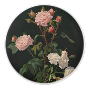 Pomo De Cerámica Rosas rosados y blancos en fondo negro