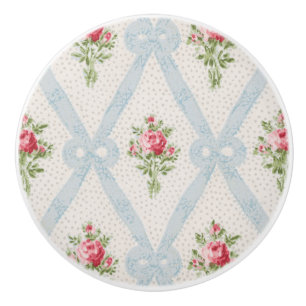 Pomo De Cerámica Rosas victorianos rosados con Entramado Azul