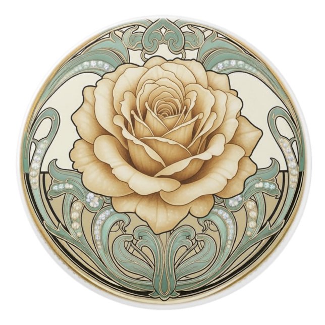 Pomo De Cerámica Rose Flower Green Cream Gold Art Deco Nouveau (Anverso)