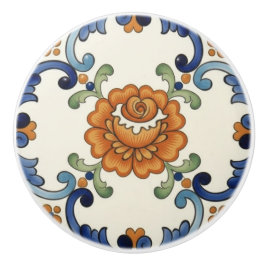 Pomo De Cerámica Rose Flower Mediterranean Blue Orange Cream