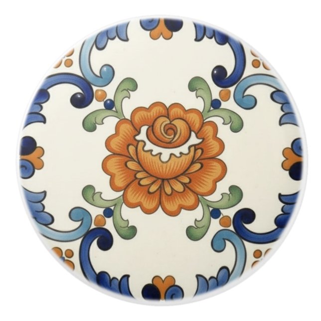 Pomo De Cerámica Rose Flower Mediterranean Blue Orange Cream (Anverso)