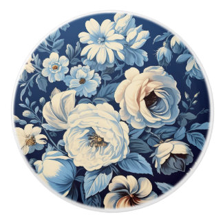 Pomo De Cerámica Roses blancos sobre fondo azul índigo