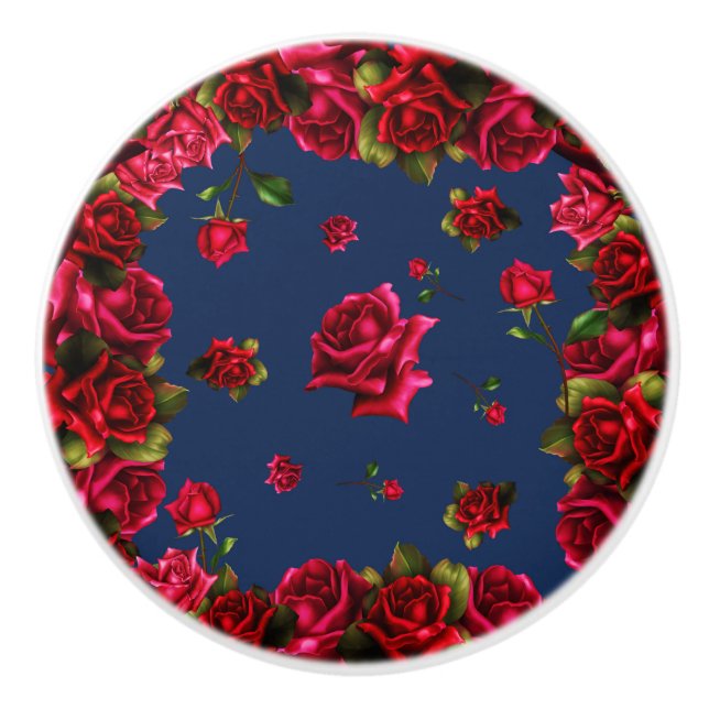 Pomo De Cerámica Roses Rojos Azul Floral Shabby Chic Glam Country (Anverso)
