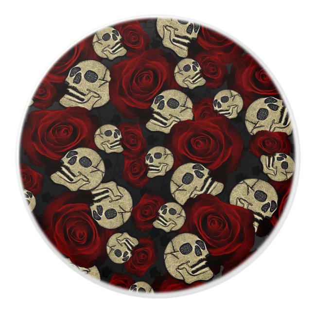Pomo De Cerámica Roses y cráneos rojos Gris Floral Negra Gótica (Anverso)