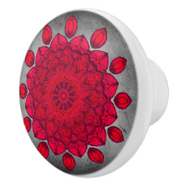 Pomo De Cerámica Rosette rojo rubí sobre piedra gris
