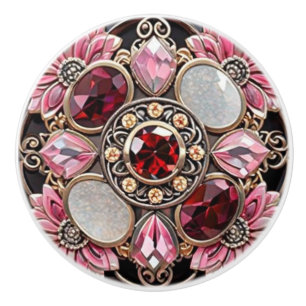 Pomo De Cerámica Rubí Rojo Floral con Plata Ornamentada