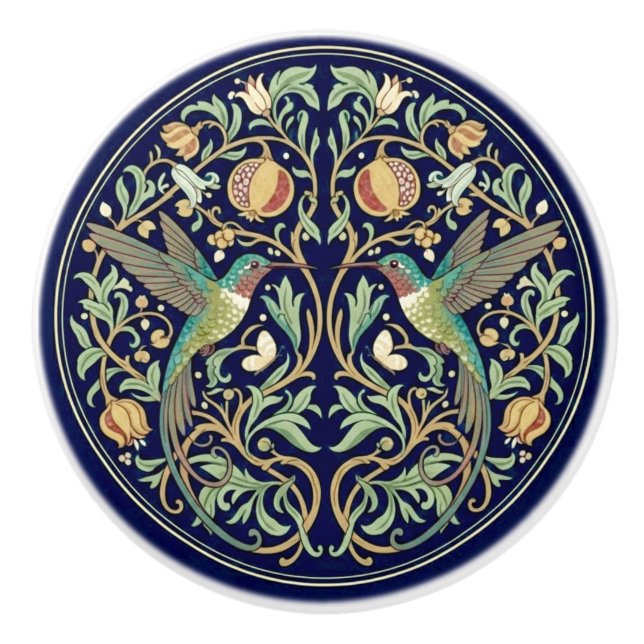 Pomo De Cerámica Ruby Throated Hummingbirds William Morris Style (Anverso)