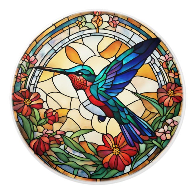 Pomo De Cerámica Ruby Throed Hummingbird Faux Stained Glass (Anverso)