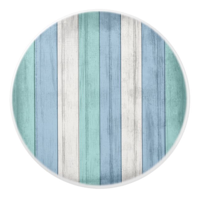 Pomo De Cerámica Rustic Blue Nautical Beach Wood Stripes (Anverso)