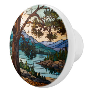 Pomo De Cerámica Rustic mountain range landscape stain glass 
