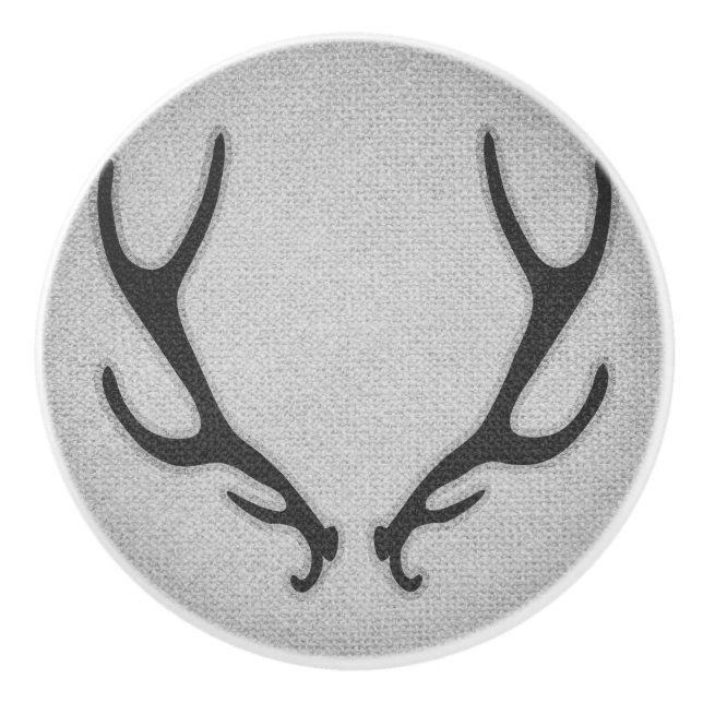 Pomo De Cerámica Rústicas Antlers Gris Faux Burlap Textura (Anverso)