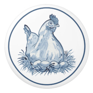 Pomo De Cerámica Rústico Blue & White Chicken Hen Eggs Country Cut