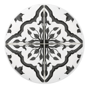 Pomo De Cerámica Rústico Farmhouse Black White Foliage Tile Pattern