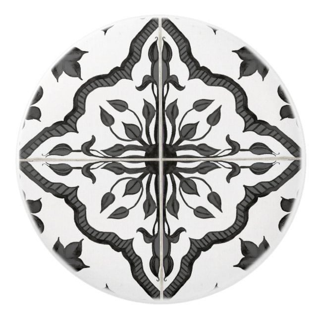 Pomo De Cerámica Rústico Farmhouse Black White Foliage Tile Pattern (Anverso)